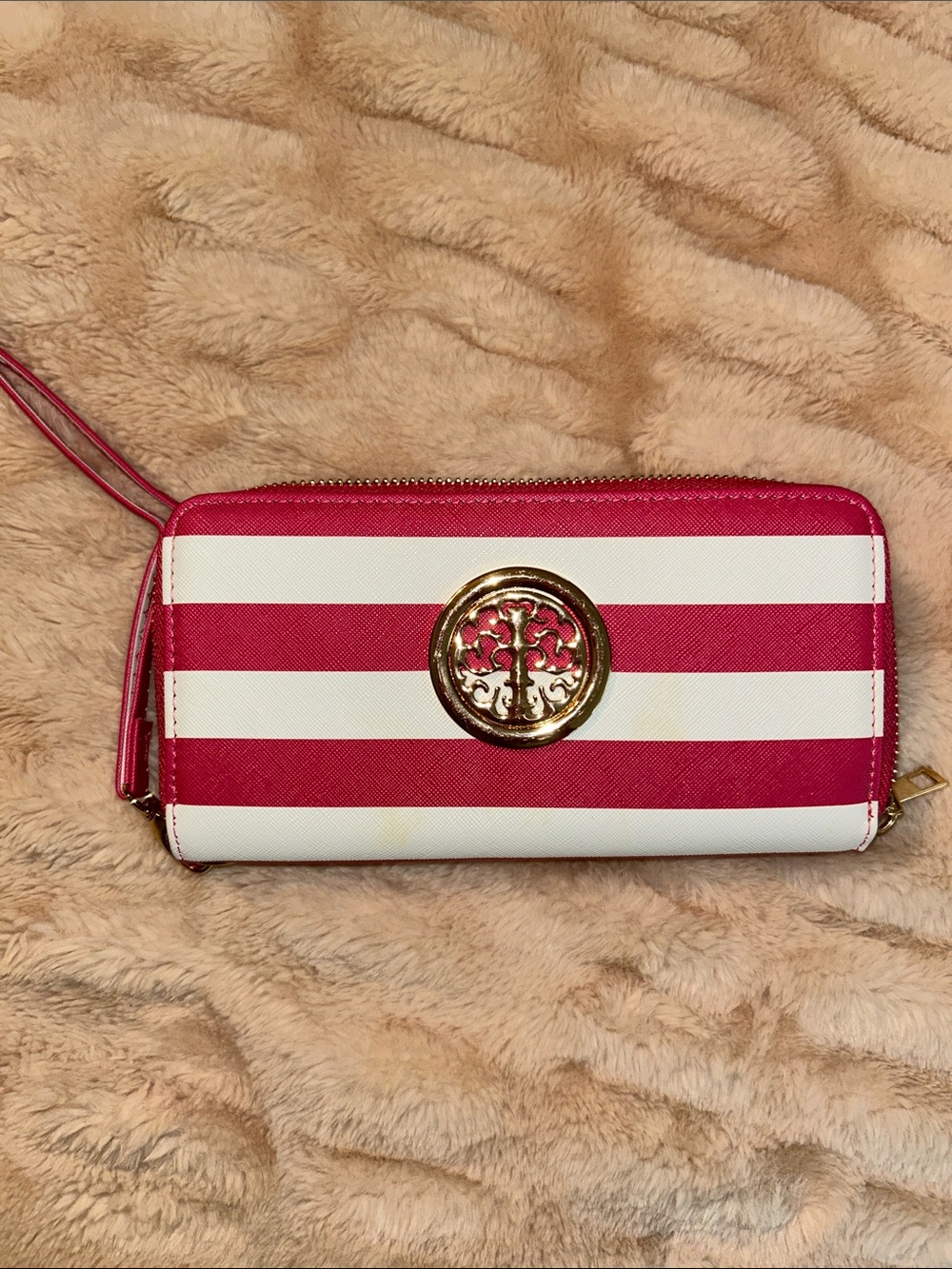 Striped Pink & White Wristlet Wallet with Gold Emblem